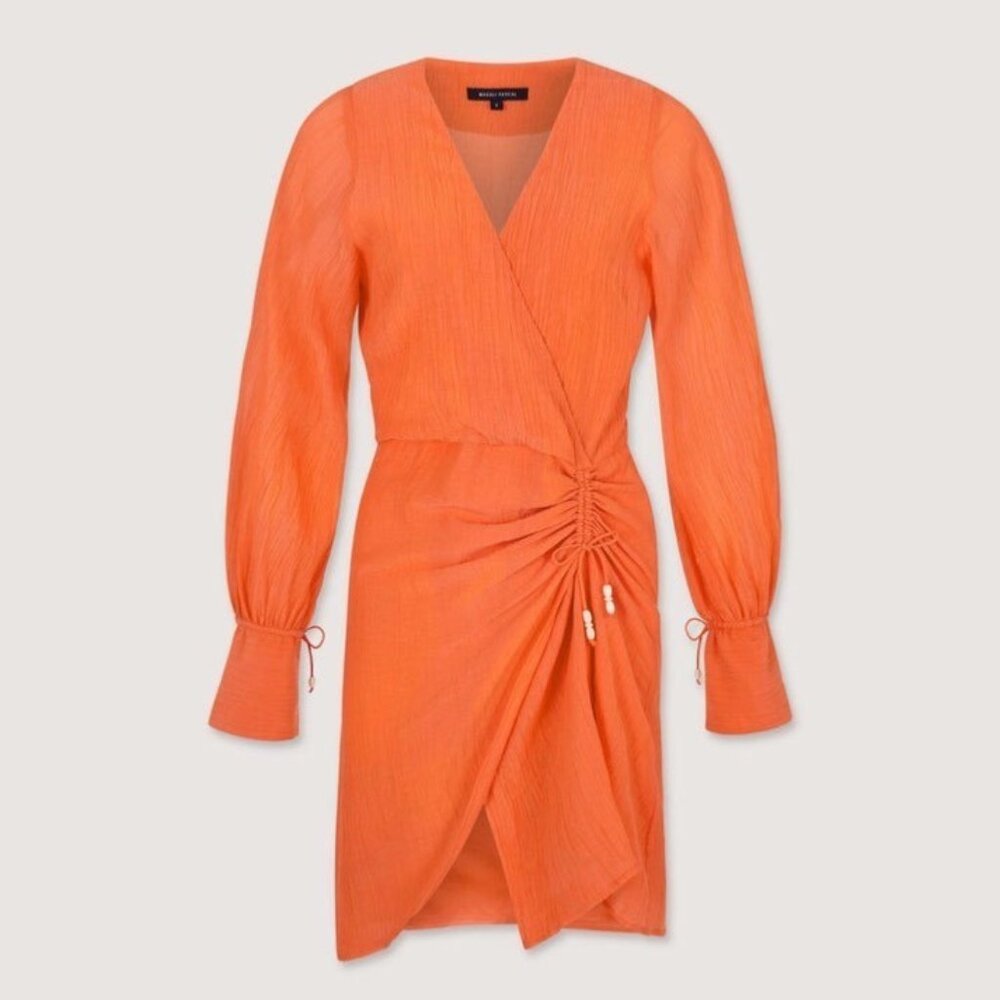 Magali Pascal Myrtle Wrap Mini Dress Neon Coral Gauze Boho Resort Chic Sz S NEW - Picture 2 of 13